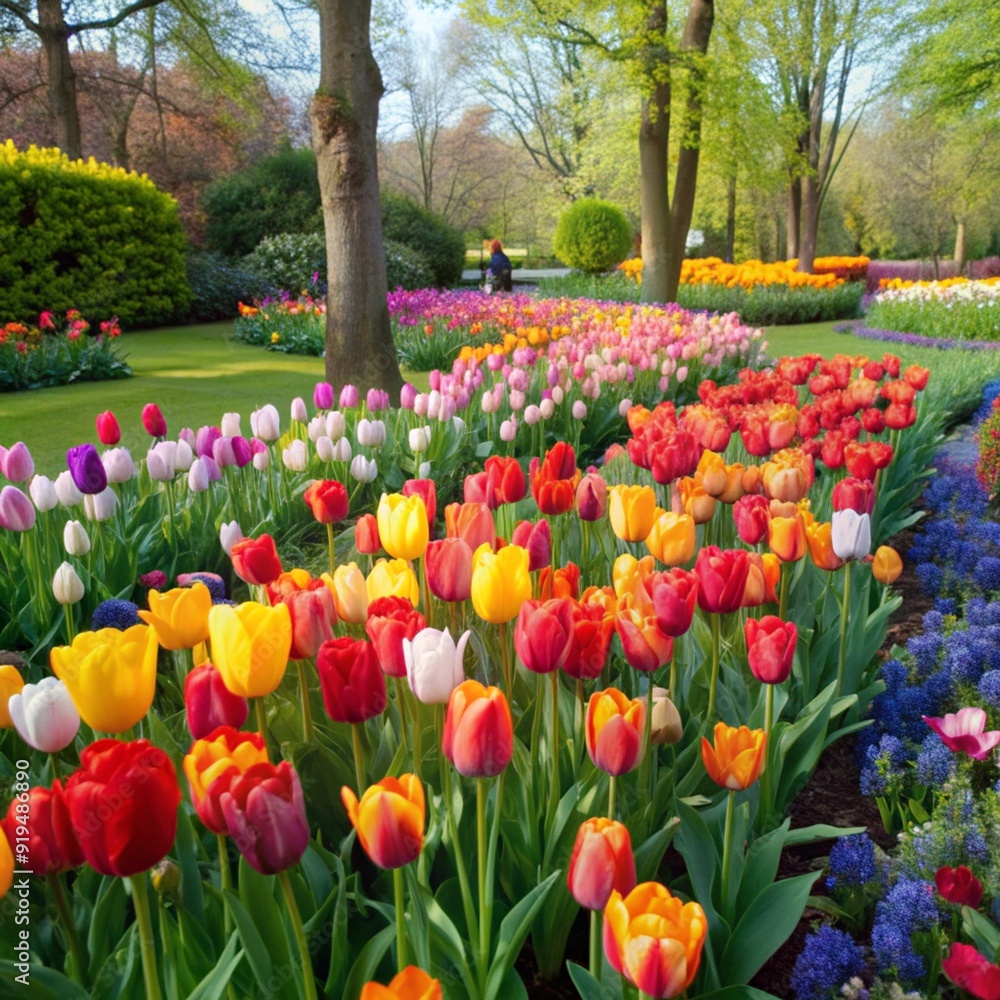 A Beautiful Spring Tulip Garden Scene Perfect for Nature Lovers and Garden Enthusiasts A Beautiful Spring Tulip Garden Scene Perfect for Nature Lovers and Garden Enthusiasts
