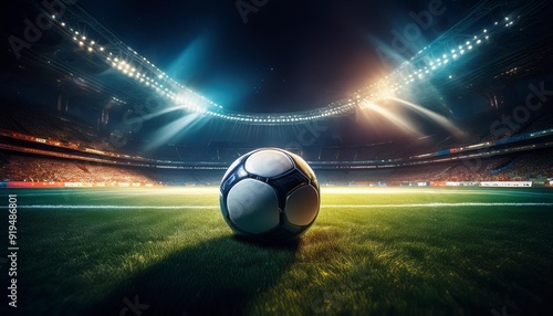 dramatic night stadium scene pristine soccer ball centered on lush green pitch powerful floodlights creating dramatic shadows and atmosphere