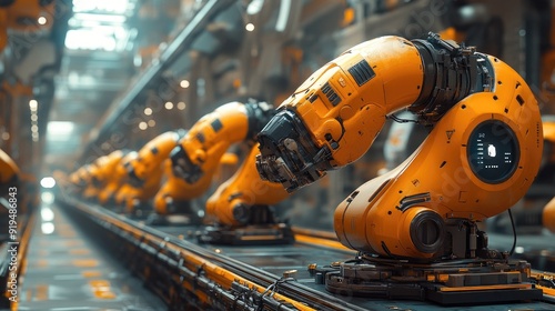 Assembly line with robotic arms in a factory