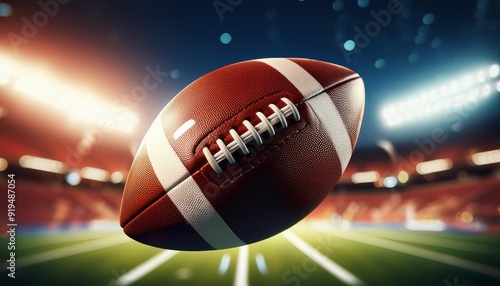 dynamic 3d rendering of an american football in midflight detailed leather texture and laces visible against a motionblurred stadium background photo