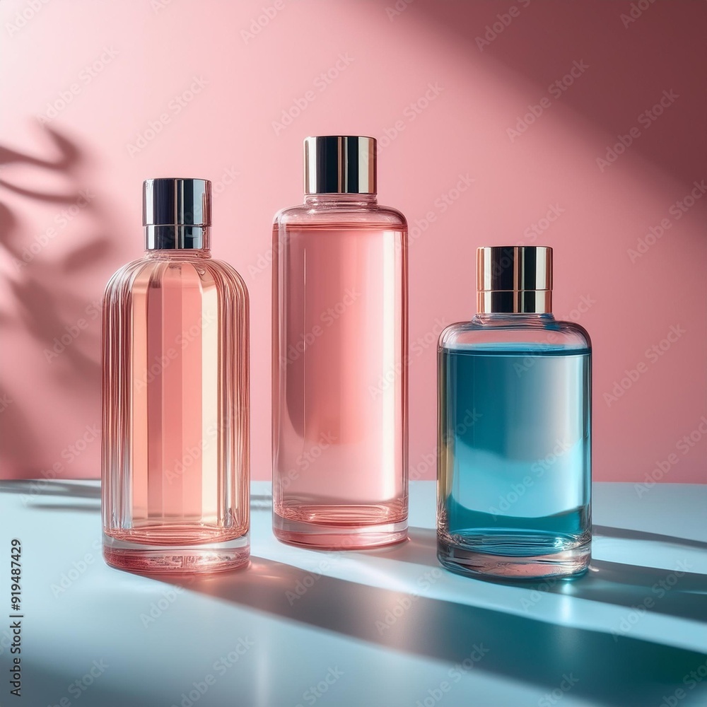 elegant cosmetic bottles and jars in translucent pink and blue glass arranged on a minimalist pastel backdrop soft shadows emphasizing their luxurious forms elegant cosmetic bottles and jars in translucent pink and blue glass arranged on a minimalist pastel backdrop soft shadows emphasizing their luxurious forms