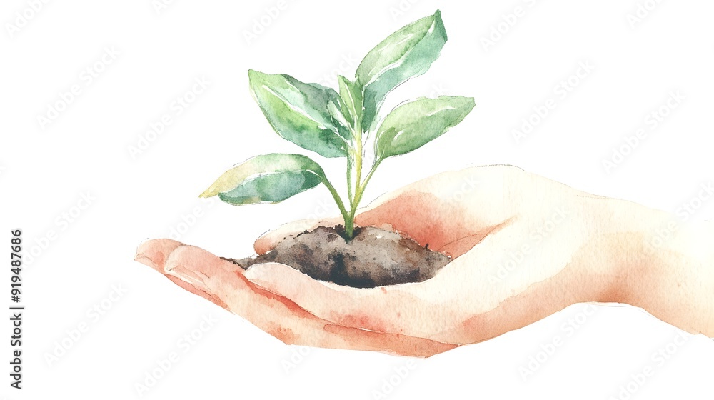 Watercolor of Hand Holding Sprouting Plant on White Background Watercolor of Hand Holding Sprouting Plant on White Background