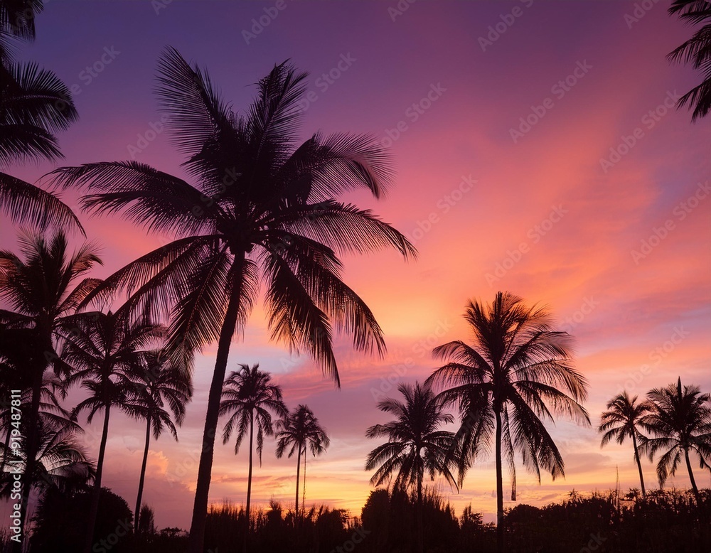elegant silhouettes of various palm trees against a vibrant sunset sky gradients of orange pink and purple create a tropical paradise atmosphere with striking contrast elegant silhouettes of various palm trees against a vibrant sunset sky gradients of orange pink and purple create a tropical paradise atmosphere with striking contrast
