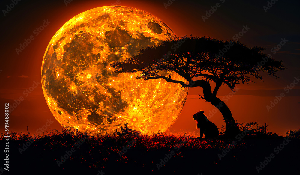 A lion silhouetted against a large orange moon at dusk. A lion sits quietly beneath a lone tree, illuminated by a massive orange moon rising in the dusky sky. A lion silhouetted against a large orange moon at dusk. A lion sits quietly beneath a lone tree, illuminated by a massive orange moon rising in the dusky sky.