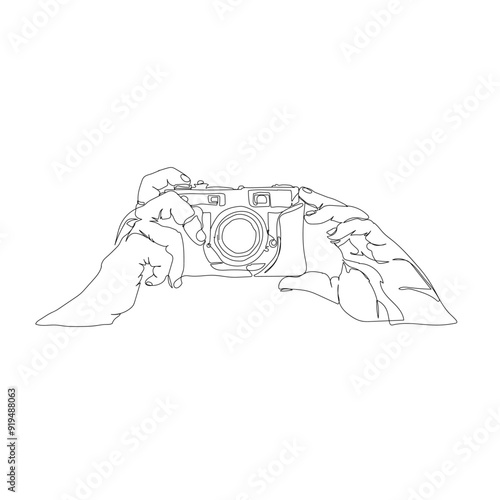 dessin en ligne continue d'un appareil photo tenu par deux mains, line art, vecteur