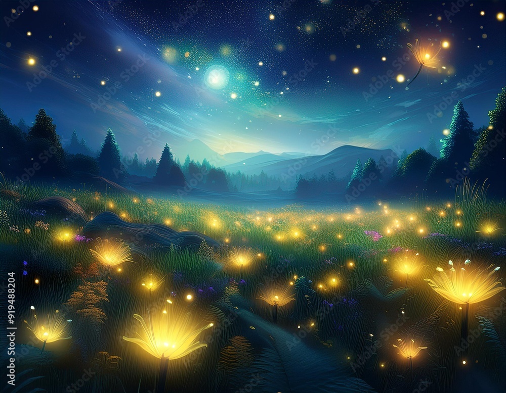 enchanted nocturnal meadow ablaze with bioluminescent fireflies dreamy atmosphere ethereal glow misty landscape starry sky magical realism style enchanted nocturnal meadow ablaze with bioluminescent fireflies dreamy atmosphere ethereal glow misty landscape starry sky magical realism style