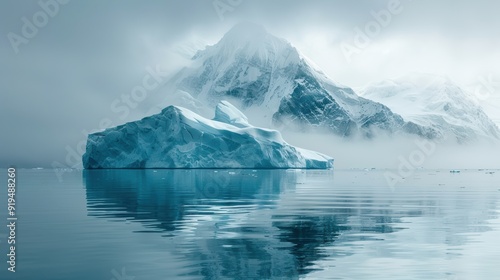 A large iceberg floats peacefully in serene waters near snow-capped mountains under a cloudy sky