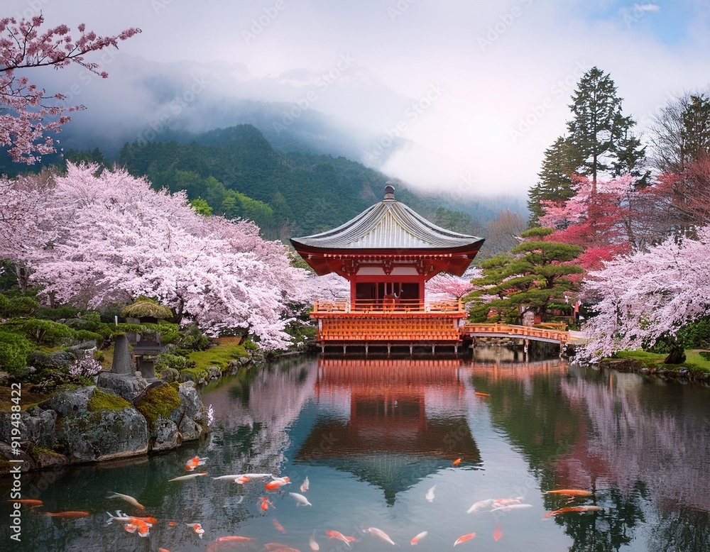 Obraz premium enchanting japanese temple nestled among blooming cherry blossoms misty mountain backdrop soft pink and white palette tranquil koi pond reflection ethereal atmosphere