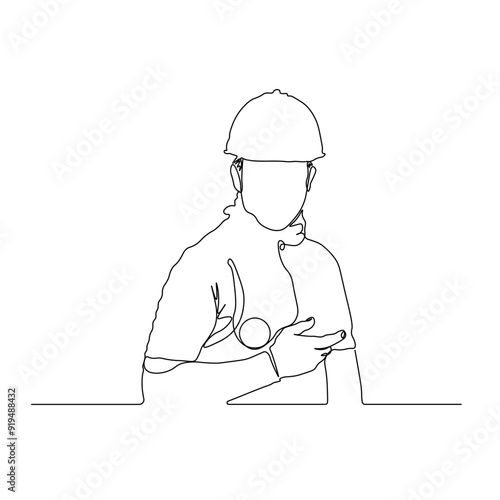 dessin en ligne continue d'un travailleur du bâtiment portant un casque, line art, vecteur