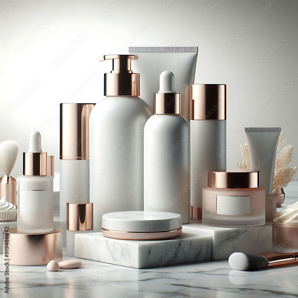 A high-resolution realistic cosmetic bottles composition blank mockup. A high-resolution realistic cosmetic bottles composition blank mockup.