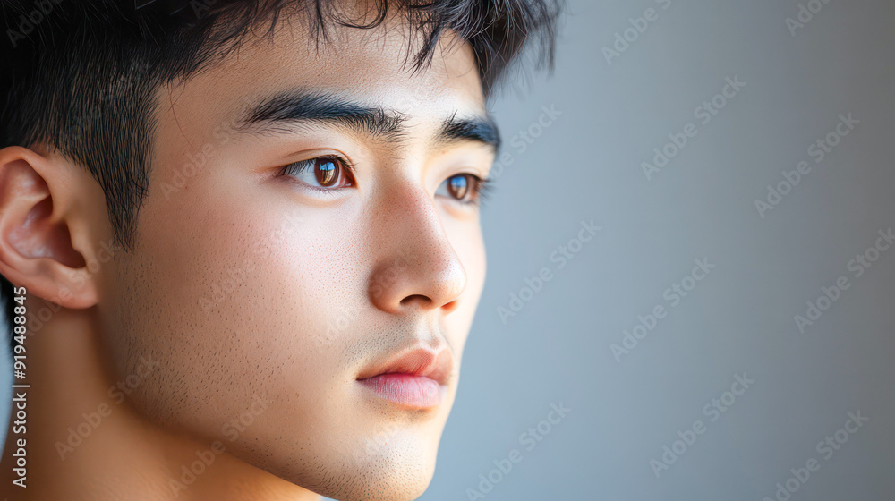 A man with short hair and a beard looking up at the camera.Generative AI A man with short hair and a beard looking up at the camera.Generative AI