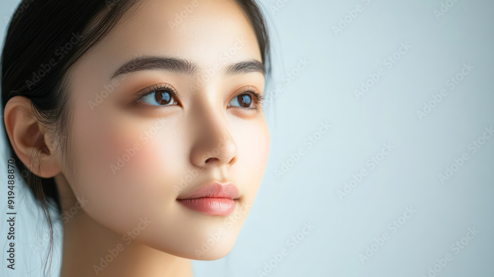 A woman with long hair. She is looking at the camera. The image has a calm and serene mood. Generative AI A woman with long hair. She is looking at the camera. The image has a calm and serene mood. Generative AI