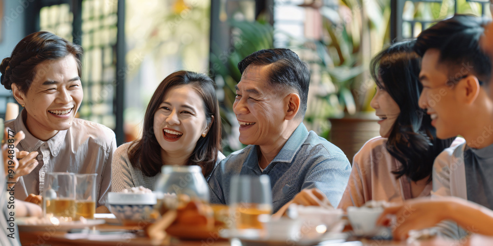 A group of people are gathered around a table, laughing and enjoying each other's company. A group of people are gathered around a table, laughing and enjoying each other's company.