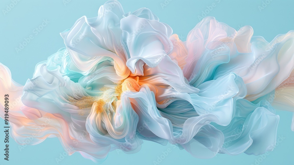 Abstract Fluid Flower with Soft Blue and Gold Accents Abstract Fluid Flower with Soft Blue and Gold Accents