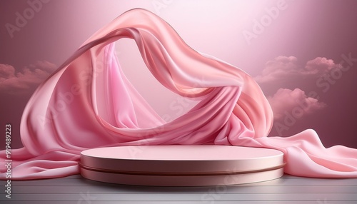 ethereal pastel cosmos delicate pink fabric swirls around a floating pedestal showcasing a cosmetic product against a dreamy minimalist backdrop with soft light and subtle shadows