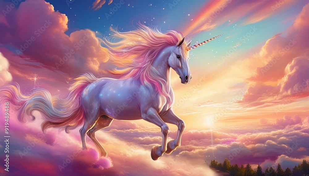ethereal unicorn galloping through cotton candy clouds at sunset iridescent mane flowing celestial sparkles trailing behind dreamy pastel sky backdrop ethereal unicorn galloping through cotton candy clouds at sunset iridescent mane flowing celestial sparkles trailing behind dreamy pastel sky backdrop