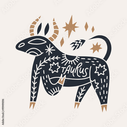 Boho cute zodiac Taurus sign, horoscope cartoon icon. Astrology cartoon animalistic character symbol, space celestial ornate constellation. Astrological hand-drawn avatar. Modern flat contemporary