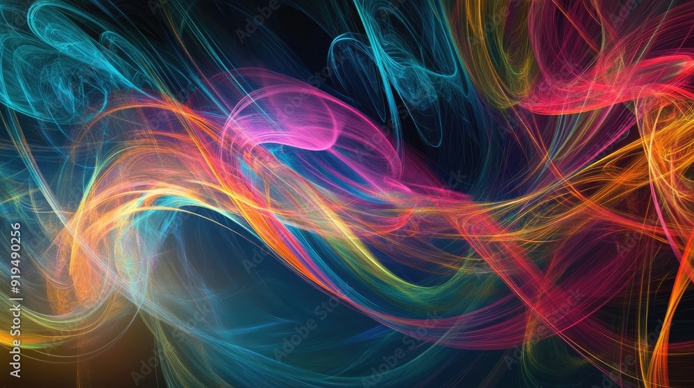 Fototapeta premium Dynamic abstract background with swirling lines and vibrant colors. Copy space in the upper right corner.