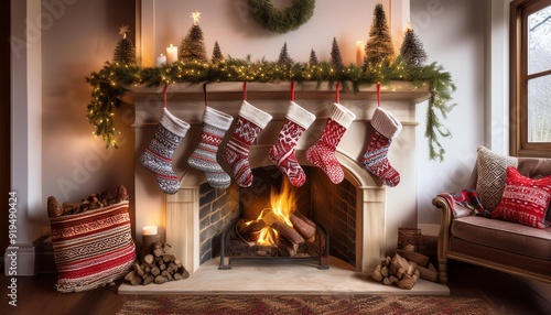 festive array of whimsical christmas stockings featuring nordicinspired patterns hanging by a cozy fireplace with twinkling lights and evergreen garlands photo