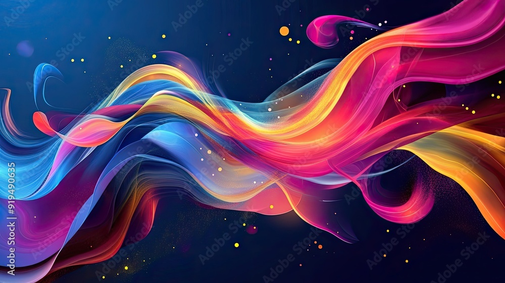 Dynamic abstract design with vibrant colors and flowing shapes. Ample copy space in the upper right corner. Dynamic abstract design with vibrant colors and flowing shapes. Ample copy space in the upper right corner.