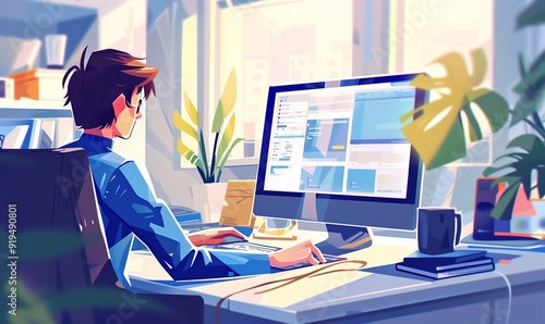 Modern Home Office Illustration: A Digital Artist at Work