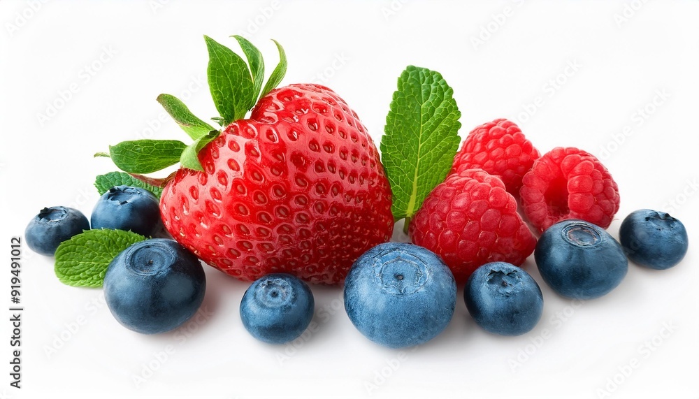 Fresh berries isolated on white background, top view. Strawberry, Raspberry, Blueberry and Mint leaf, flat lay. Fresh berries isolated on white background, top view. Strawberry, Raspberry, Blueberry and Mint leaf, flat lay.