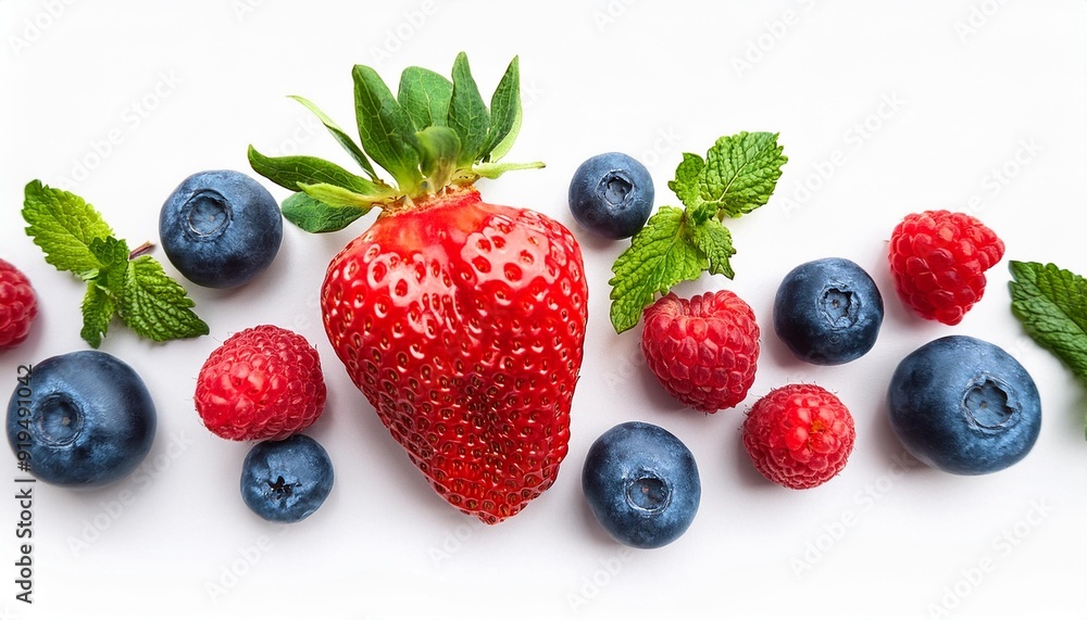 Fresh berries isolated on white background, top view. Strawberry, Raspberry, Blueberry and Mint leaf, flat lay. Fresh berries isolated on white background, top view. Strawberry, Raspberry, Blueberry and Mint leaf, flat lay.