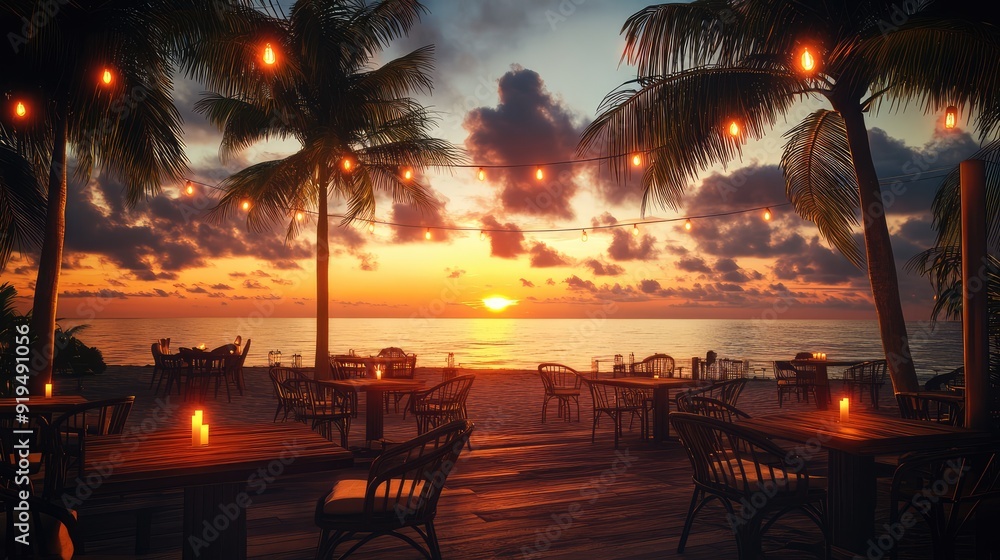 Fototapeta premium Tropical summer sunset beach bar background. Outdoor restaurant, Led candles and wooden tables, chairs under beautiful sunset sky, sea view. The generation of AI