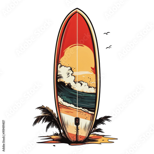 PNG Vibrant surfboard against a sunset beach backdrop photo