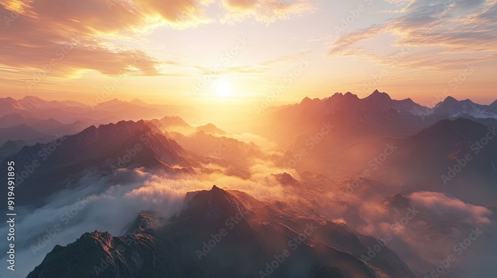 Stunning top view of a mountain range at sunrise, with misty valleys and soft golden light. Ample copy space in the sky. Stunning top view of a mountain range at sunrise, with misty valleys and soft golden light. Ample copy space in the sky.