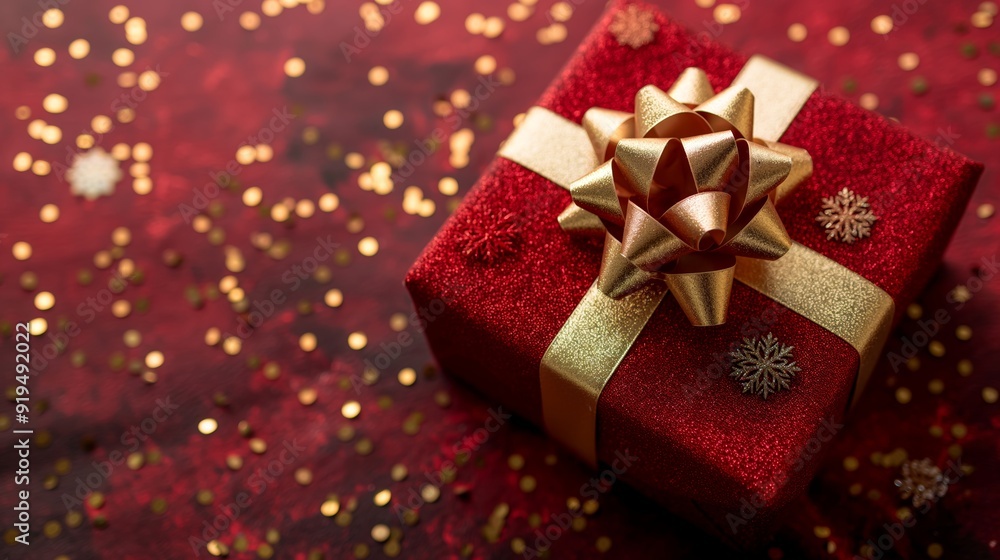 Red gift box with gold color ribbon and bow. Red gift box with gold color ribbon and bow.