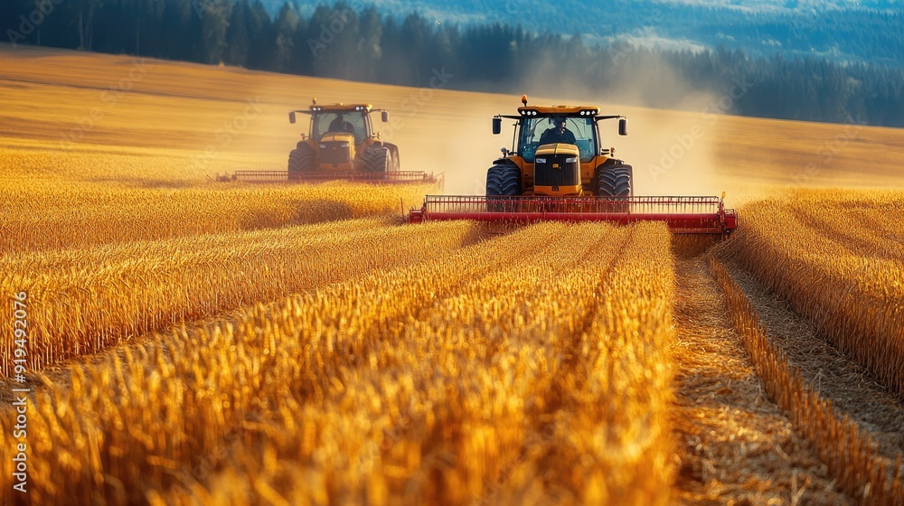 Fototapeta premium Tractors harvesting crops in golden field