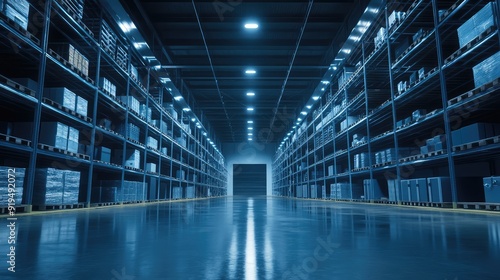 Warehouse interior with LED lighting, industrial building, distribution retail center, part of storage and shipping system. The generation of AI