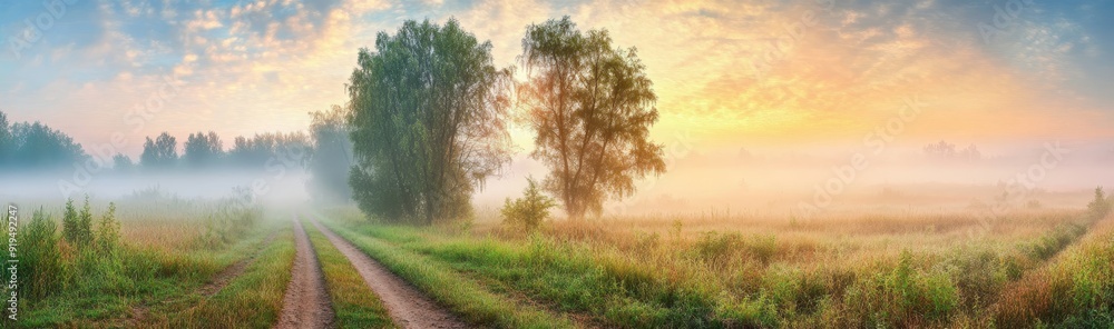 In the summer, a gravel road in a natural park is covered in fog. In the summer, a gravel road in a natural park is covered in fog.