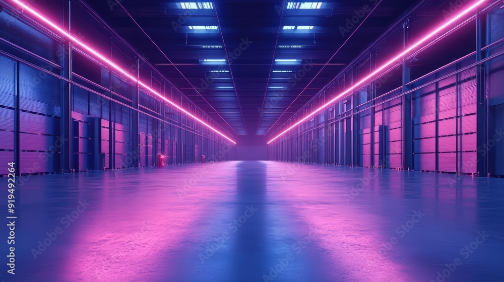 Warehouse interior with LED lighting, industrial building, distribution retail center, part of storage and shipping system. The generation of AI Warehouse interior with LED lighting, industrial building, distribution retail center, part of storage and shipping system. The generation of AI