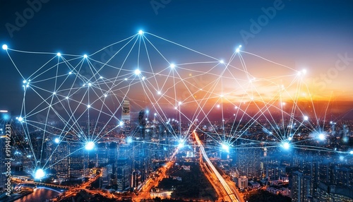 futuristic edge computing network glowing data nodes interconnected across a cityscape at twilight emphasizing realtime processing and low latency