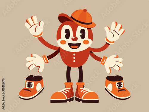 Retro leg, hand and face. Comic groovy hands in gloves, vintage legs and foot in shoes and funny emotion. Different poses arm and feet. Body parts mascot. Vector set
