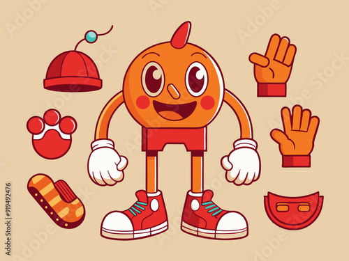 Retro leg, hand and face. Comic groovy hands in gloves, vintage legs and foot in shoes and funny emotion. Different poses arm and feet. Body parts mascot. Vector set
