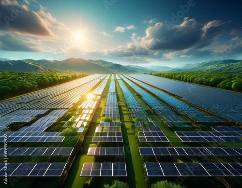 futuristic solar farm sleek panel arrays drone perspective sustainable technology vibrant green landscape