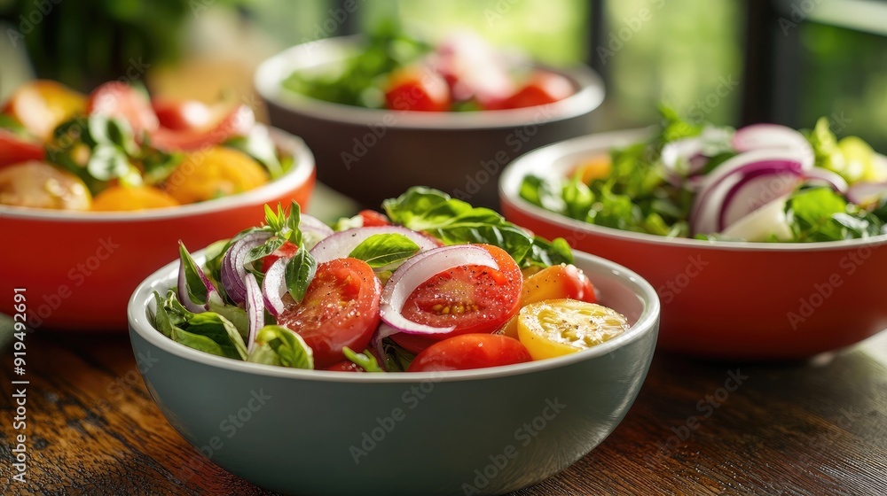 Vibrant salad bowls brimming with tomatoes, onions, and other garden-fresh ingredients, showcasing a symphony of colors and flavors. Vibrant salad bowls brimming with tomatoes, onions, and other garden-fresh ingredients, showcasing a symphony of colors and flavors.