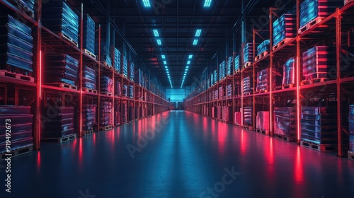 Warehouse interior with LED lighting, industrial building, distribution retail center, part of storage and shipping system. The generation of AI