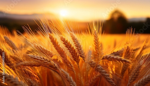 golden wheat field at sunset closeup of individual stalks with intricate detail warm orange light illuminating wispy awns against a softfocus pastoral background photo