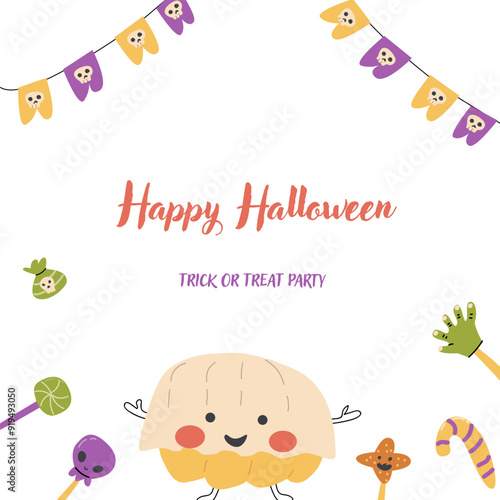 Childrens Halloween party cute card template. Cartoon characters pumkins in halloween holiday costume and spooky sweets. Cute monsters for autumn fall holidays party.