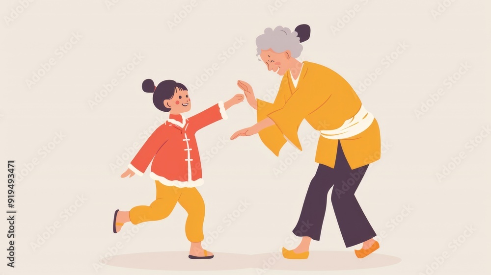 A grandparent teaching their grandchild traditional dances from their cultural heritage A grandparent teaching their grandchild traditional dances from their cultural heritage