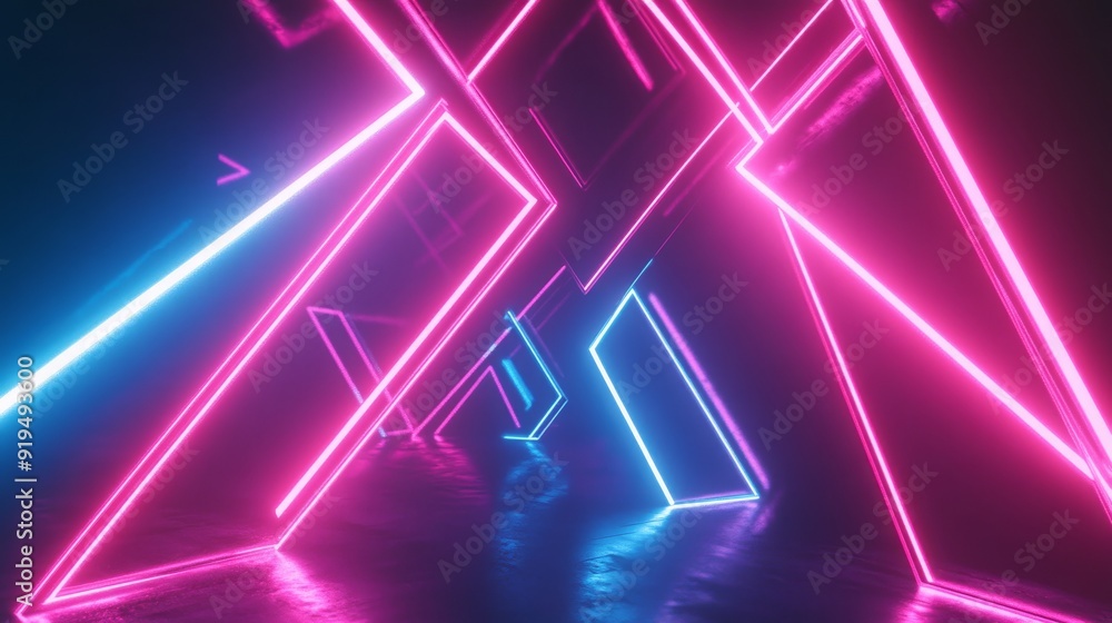 Abstract neon lights forming geometric shapes in a dark space in 3D animation Abstract neon lights forming geometric shapes in a dark space in 3D animation