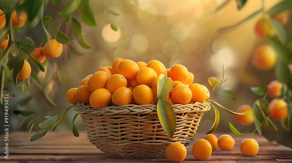 Realistic photo of basket with many Kumquats inside with beautiful page background, 8k Realistic photo of basket with many Kumquats inside with beautiful page background, 8k