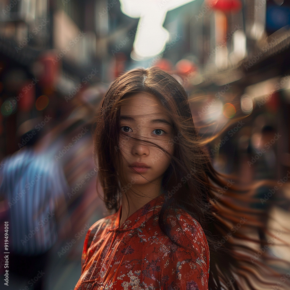 An Asian girl is standing in a busy street emotionless looking at the camera, the shoot is is slow aperture so the people in the background are blurred in motion An Asian girl is standing in a busy street emotionless looking at the camera, the shoot is is slow aperture so the people in the background are blurred in motion
