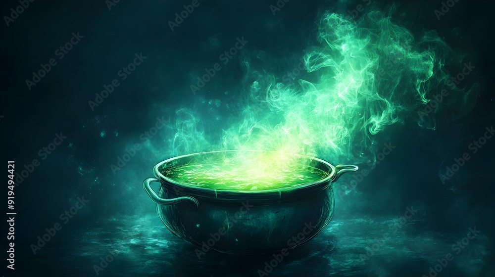 Bubbling Witches' Cauldron with Mystical Green Potion and Smoke,Eerie Halloween Design Bubbling Witches' Cauldron with Mystical Green Potion and Smoke,Eerie Halloween Design