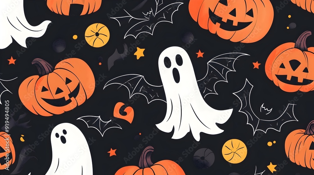Seamless Pattern of Spooky Halloween Symbols in Trendy Cohesive Design Seamless Pattern of Spooky Halloween Symbols in Trendy Cohesive Design