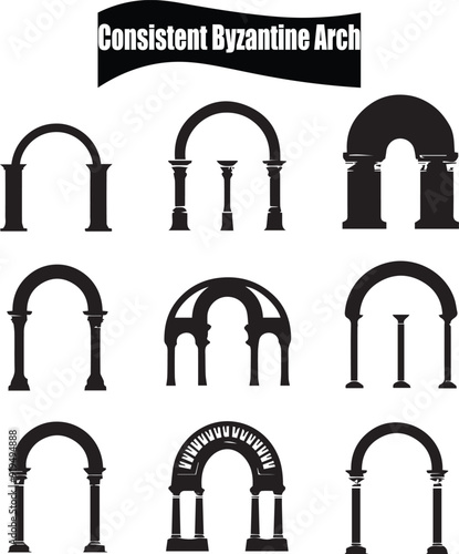Consistent Byzantine Arch Dark Silhouette Shapes Vector Set